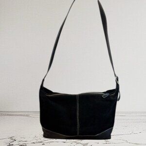 Coletta Black Suede Hobo Shoulder Bag with Genuine Leather Trim Zipper Closure